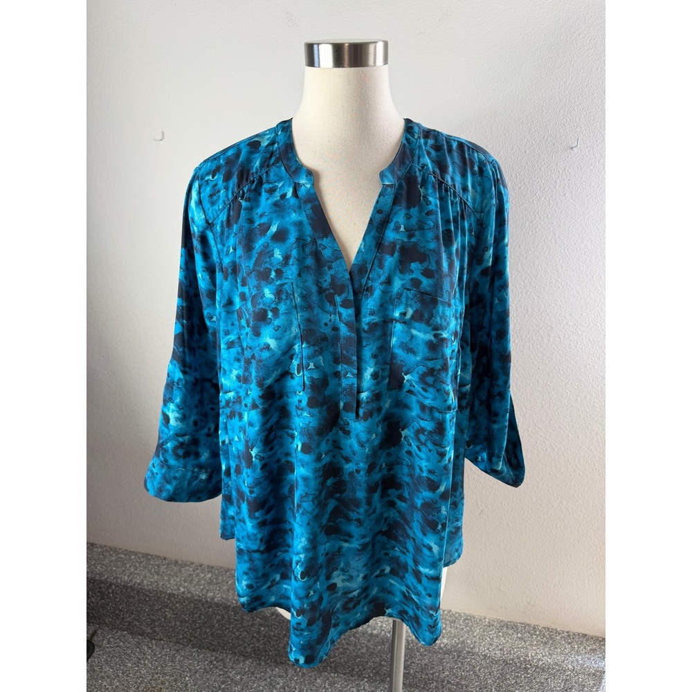 Torrid Harper Womens Plus 1X Teal Black Abstract Watercolor Blouse Tunic Top